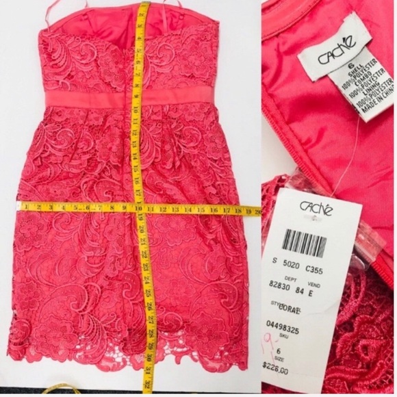NWT CACHE DRESS CORAL Coral Peplum Lace Strapless - Picture 2 of 4
